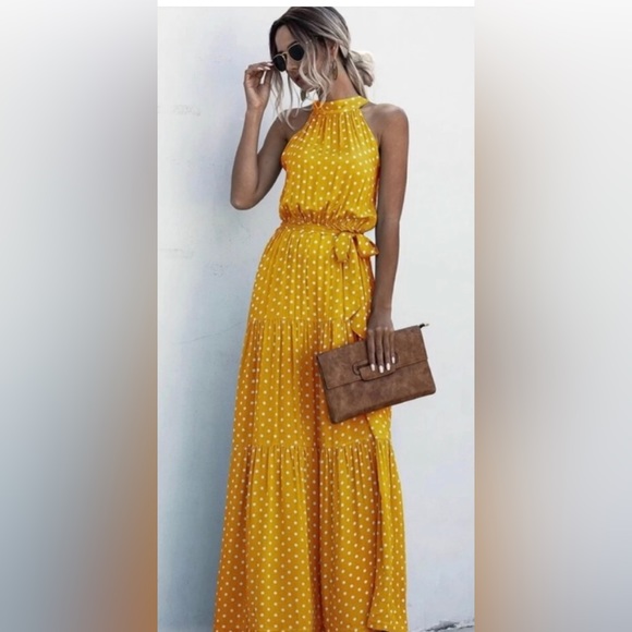SOLD Boho Maxi Dress, Halter Dress, Belted, Polka Dots Pattern - Beautiful - Picture 5 of 6